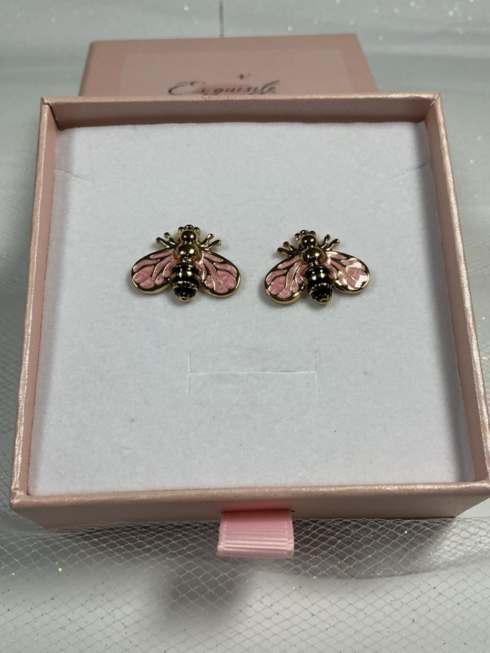 Pink & Black Bee Earrings Hand Painted Enamel Hypoallergenic Post Drop Goldtone - Picture 13 of 16